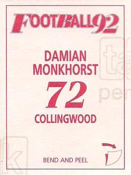 1992 Select AFL Stickers #72 Damian Monkhorst Back